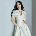 Vietnam Niche V-neck Satin White Elegant Dress With Bow Pleated Sleeves Slim Banquet Formal Dress