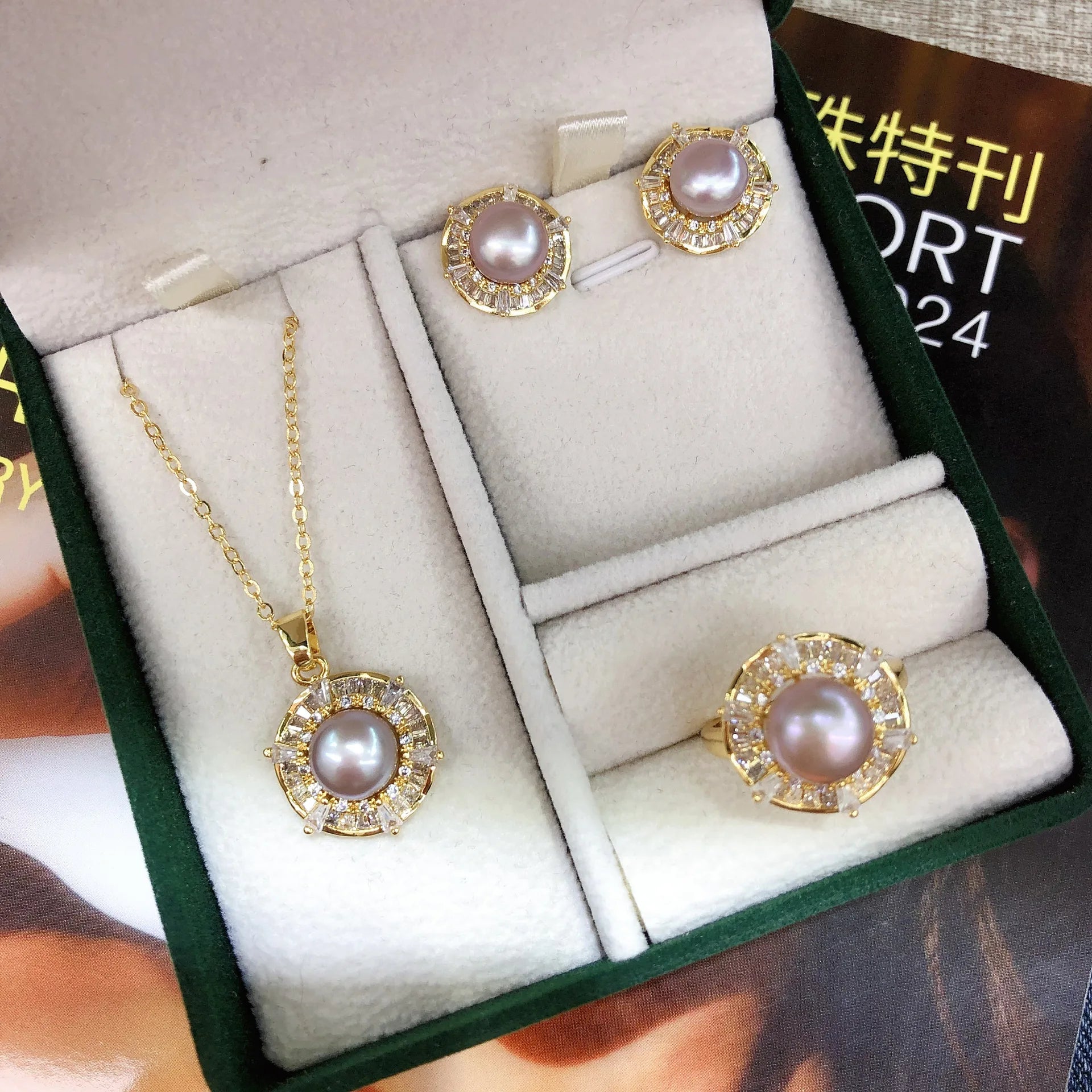 Elegant Wedding Pearl Jewelry Set Vintage Fresh Water Pearl White Zircon Necklace Ring Earrings Set