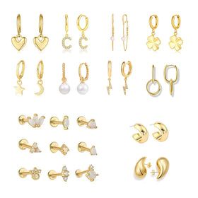 Custom Women Fashion 18K Gold Chunky Charm Earring Set Designer Korean Drop Star Pearl Flower Heart Stud Hoop Huggie Earrings