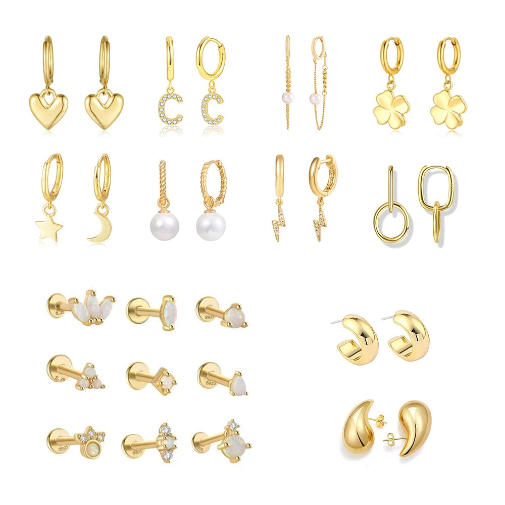 Custom Women Fashion 18K Gold Chunky Charm Earring Set Designer Korean Drop Star Pearl Flower Heart Stud Hoop Huggie Earrings