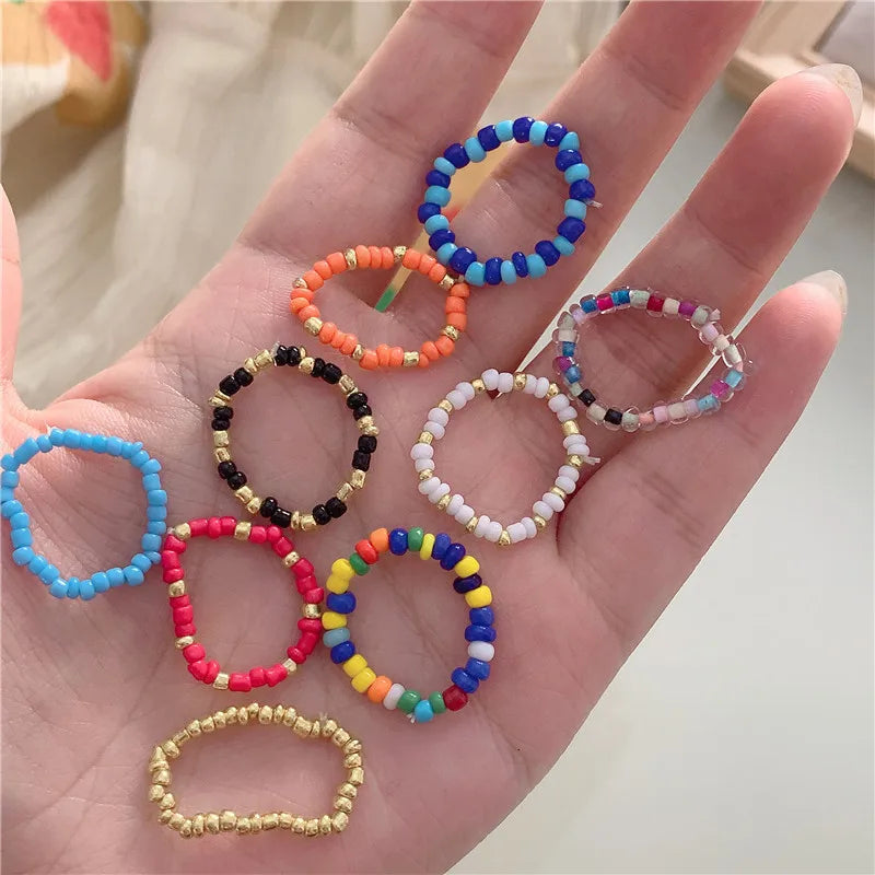 Handmade Beads Rings Crystal Glass Beaded INS Korean Jewelry Vintage Elastic Finger Ring Y2K Accessories Wholesale