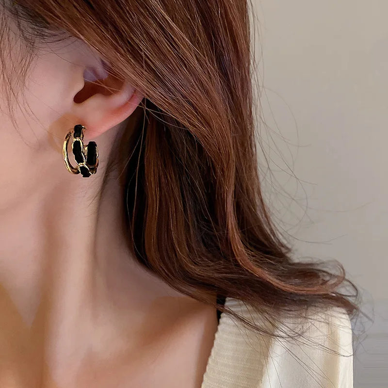 Korean Fashion Jewelry Gold Plated Elegant Chain Circle Women Black Velvet Drop Double Hoop Circle Earrings for Women