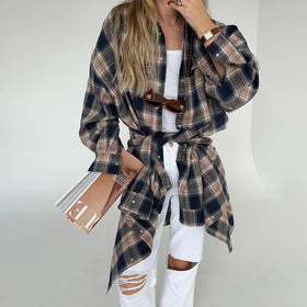 Fall Cotton Polyester Blend Button Up Women's Plaid Casual Shirts Manufacturer Custom Women Long Sleeve Check Shirt Oversize