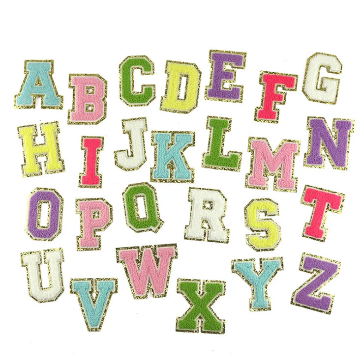 80MM Chenille Letter Patches Rose Pink Embroidery Patches for Clothes Iron on Towel Alphabet Gold Sequins Patches Applique