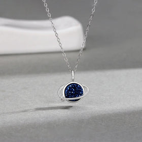 925 Sterling Silver Blue Ore Gemstone Necklace Starry Planet Pendant Choker Necklace Valentine's Day Gift Necklaces for Women