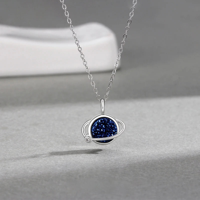 925 Sterling Silver Blue Ore Gemstone Necklace Starry Planet Pendant Choker Necklace Valentine's Day Gift Necklaces for Women