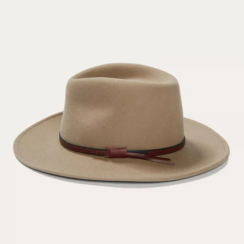 Custom 100% Australian Wool Felt Fedora Hat PU Leather Belt Brand Logo Label for Outdoor Casual Wear blank cowboy Trilby Outback