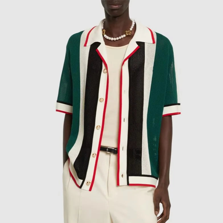Custom Design logo Knitwear Knitted Top Polo T-shirt Mesh Hollow Out Mesh Short Sleeve Men Striped Cotton Crochet  Shirt