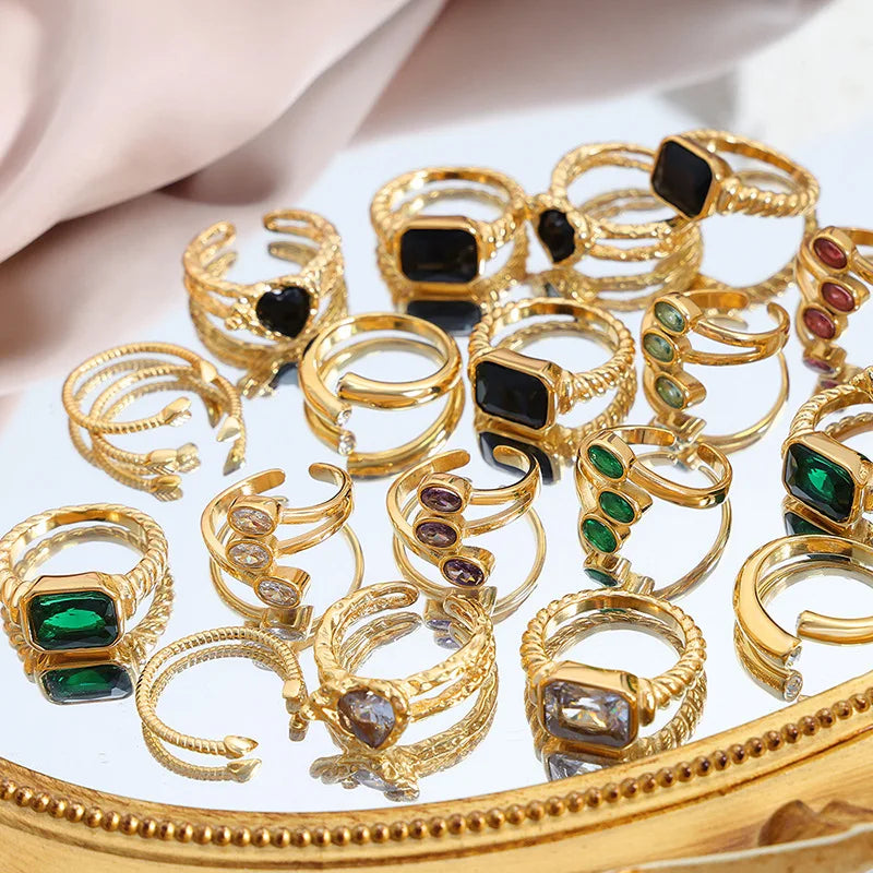18k Gold Stainless Steel Crystal Glass Colorful Zircon Open Ring Women Croissant Twisted Ring Anillos Acero Inoxidable Por Mayor