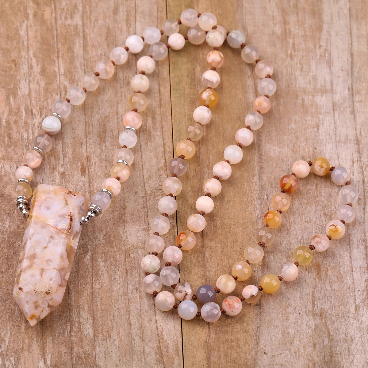 Classic Women's Natural Cherry Blossom Agate Healing Flower Crystal Point Mala Beads Necklace for Yoga Weddings and Gifts