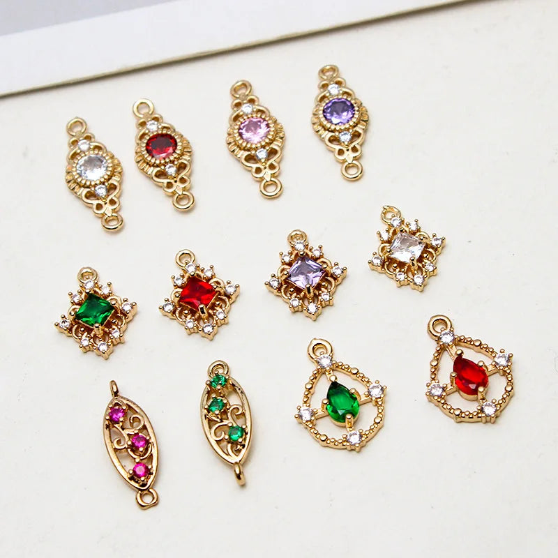 Shiny Brass Gold CZ Colored Zircon Drop Shape Oval Rhombus Connector Pendant for Jewelry Making Supplies