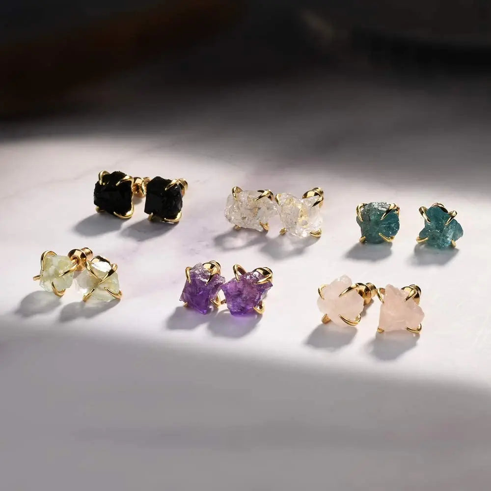 Irregular Natural Amethyst White Quartz Stud Earring Healing Stone Jewelry Agate Quartz Stone Stud Earrings Gold Plated Jewelry