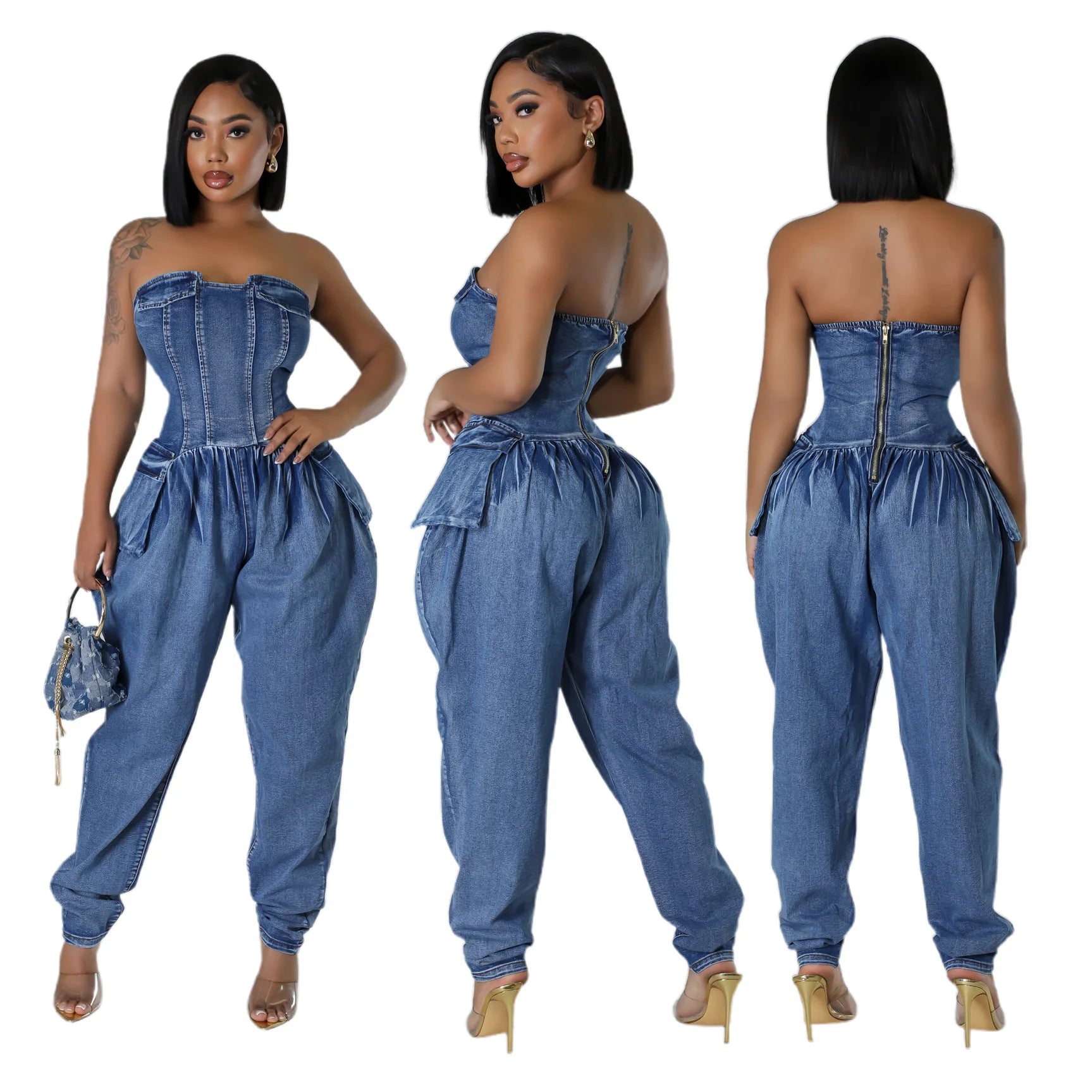 New Hobby Strapless Elastic BBand Wide-leg Stretch Denim Jumpsuit
