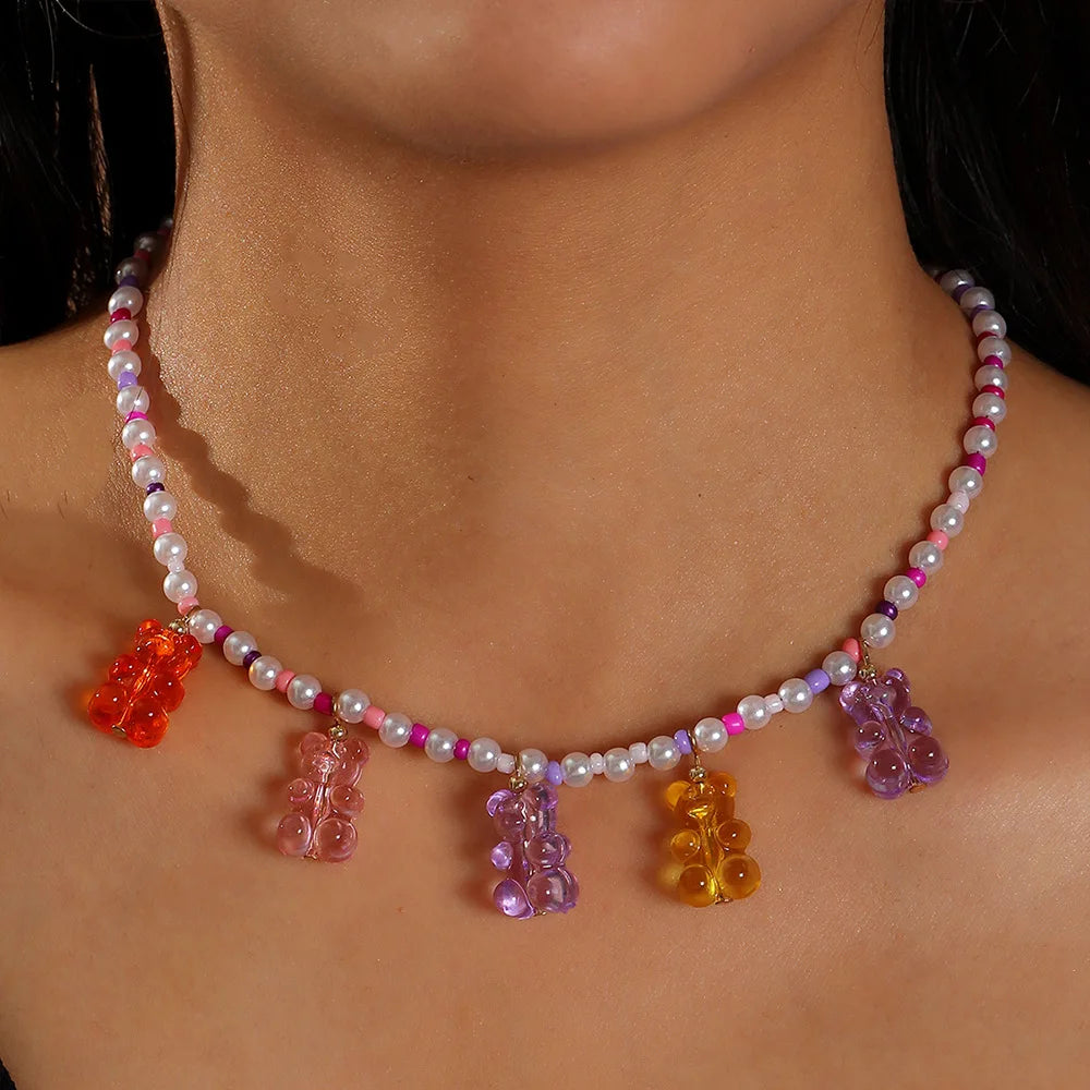Cut Cartoon Gummy Bear Choker Necklace Colorful Rice Beads Birthday Gifts Jelly Bear Necklace