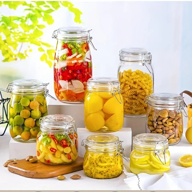 YOLOME HOMESnap-On 17oz/500ml 4-Piece Set Sealed Clear Glass Kitchen Food Storage Jars Cord Clamp Fixation Pickle Jar Storage
