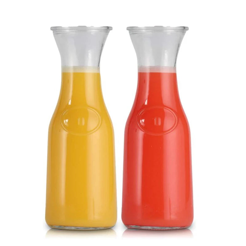 Wholesale Glass Bottle Carafe 1 Liter Stylish Narrow Neck Beverage Dispenser Bottle for Brunch with Airtight Lids