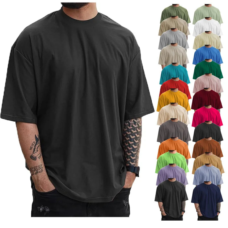 Men's and Women's Summer T-Shirt Top Solid Color Short Sleeved and Loose Fit Large Size 220 Gram Knitted Fabric