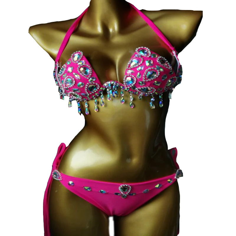 Factory Shiny Diamond Bikini Set Bling for Party Rave Clubwear Custom 2 Piece Hot Girl Club Dance Wear Luxury Swimwear