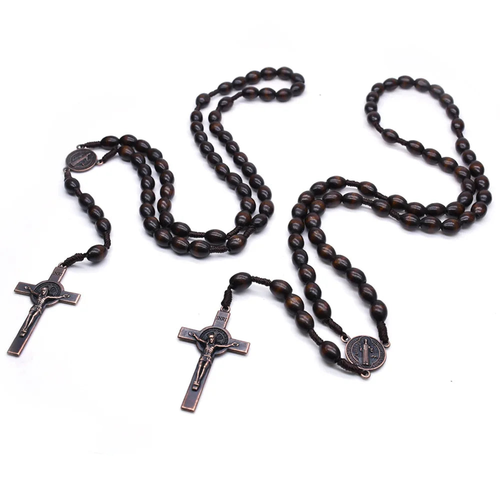 JC Crystal Wholesale Wooden Rosary Necklace Cross Weave Deep Brown Wood Beads Cross Prayer Beads Necklace