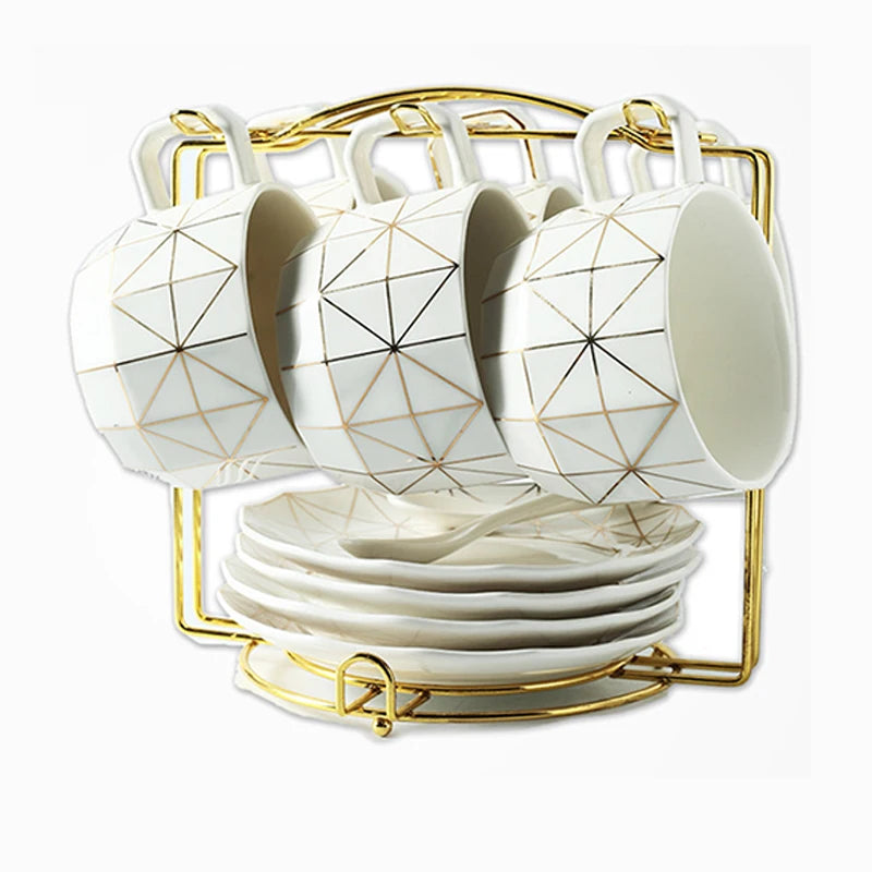 European Light Luxury Coffee Cup and Saucer Set Ins Hot Selling Afternoon Tea Cup Set with Saucer Gold Rim