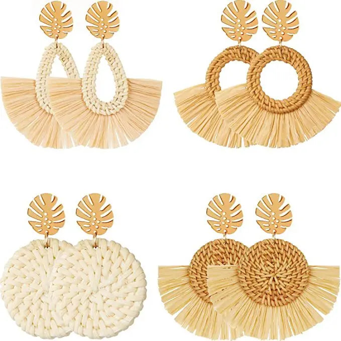 Rattan Earrings Tassel Earrings for Women Girls Lightweight Acrylic Geometric Statement Woven Bohemian Handmade Earrings