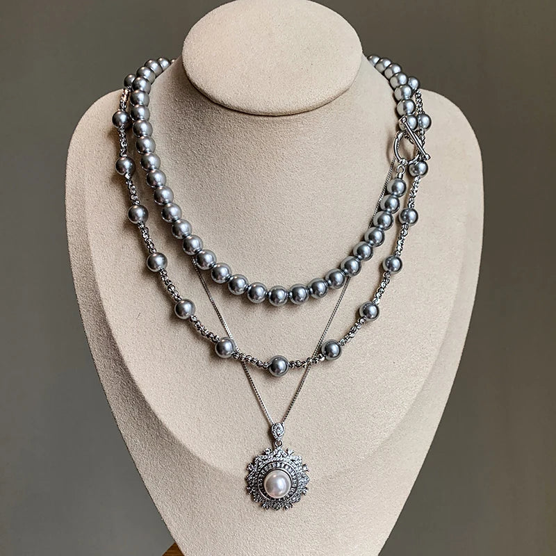 2025 New Gray Pearl Beaded Snowflake Pendant Necklace Layered Sweater Chain Women's Jewelry Factory Wholesale