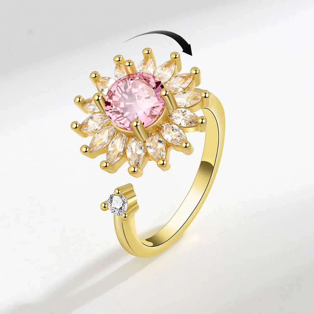 New Fashion Gold Color Sun Flower Ring Women All-Match Spinner Rotatable Design Open Adjustable Shiny Diamond Fidget Ring
