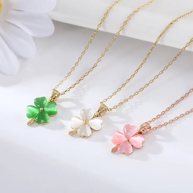 2022 New Arrival Simple Gold Plated Colorful Pendant Necklace Heart Shaped Opal Clover Necklace for Women and Girls