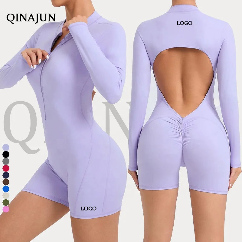 One Piece Summer Sports Bodysuit & Jumpsuit for Women Gym & Running Fitness Zipper Long Sleeved Tight Sets Yoga Clothing