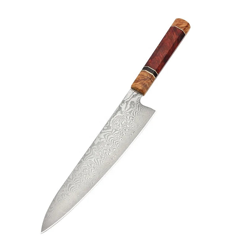 Customized Logo 9 Inch Damascus Steel Chef Knife With Rose Wood Handle
