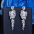 Luxury Silver Plated Crystal Cubic Zircon CZ Leaf Shape Long Tassel Wedding Earrings Dropping for Women Bridal Jewelry