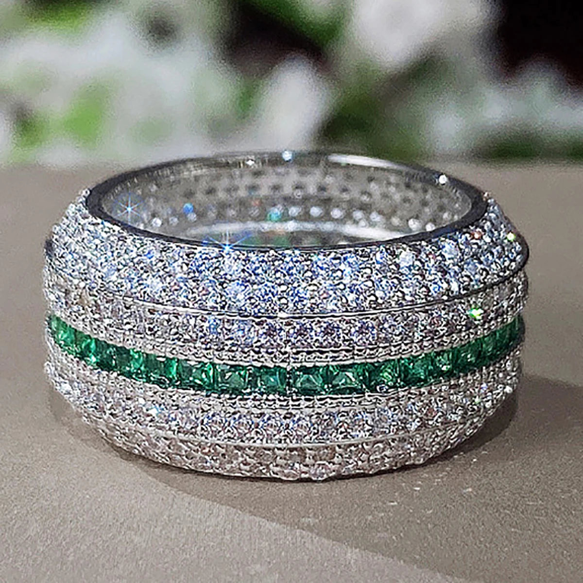 CAOSHI Delicate Full Sparkling White/Green Crystal Cubic Zirconia Wide Rings for Wedding Silver Plated CZ Band Rings Women/Men