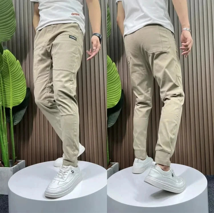 Summer Men's Casual Pants Thin Soft Elasticity Lace-up Waist Solid Color Pocket Applique Korea Grey Black Work Trousers Male