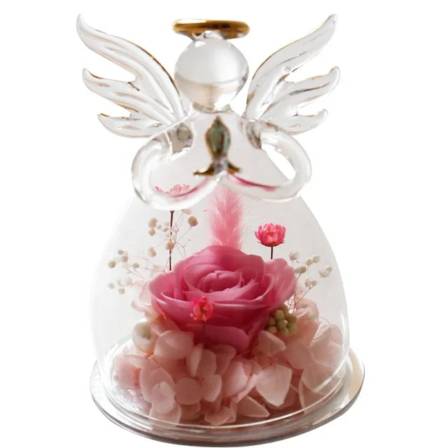 Home Decoration Handmade Angel Shape with Light Red Preserved Rose Glass Dome for Valentine's Day Christmas Day Gift Wholesale