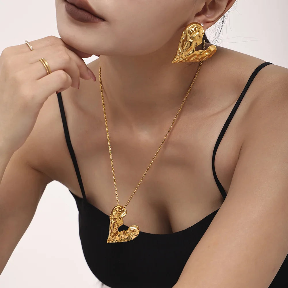 New Arrival Irregular Karst Peach Heart Necklace Earrings Fashionable Jewelry Set Stainless Steel PVD Gold Plated Accessories