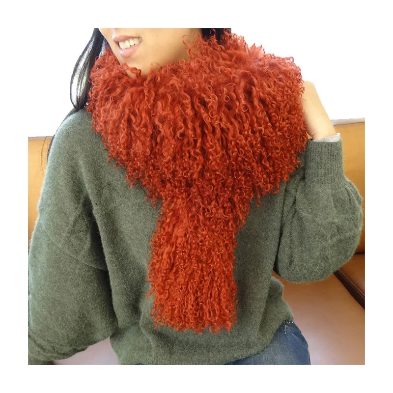 Elegant Mongolian Lamb Fur Scarf Fashion Real Fur Shawl for Adults Winter Natural Curly Sheep Fur Scarves Long Hair Design