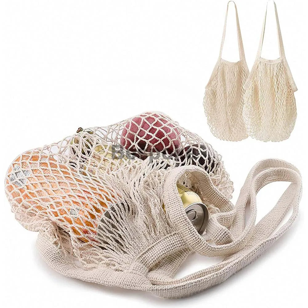 Custom Label Eco-friendly Beige Organic Cotton Mesh Tote Bag with Long Handle Portable Washable Food Storage Shopping Bag