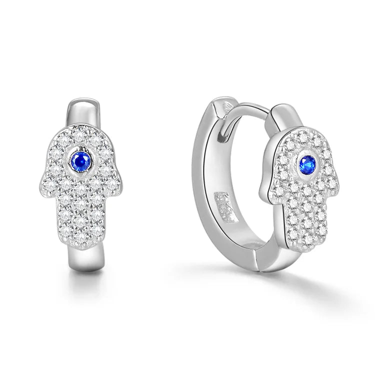 925 Sterling Silver Rhodium Plated Hamsa CZ Custom Earrings Hoop Trendy Wedding Party Gift