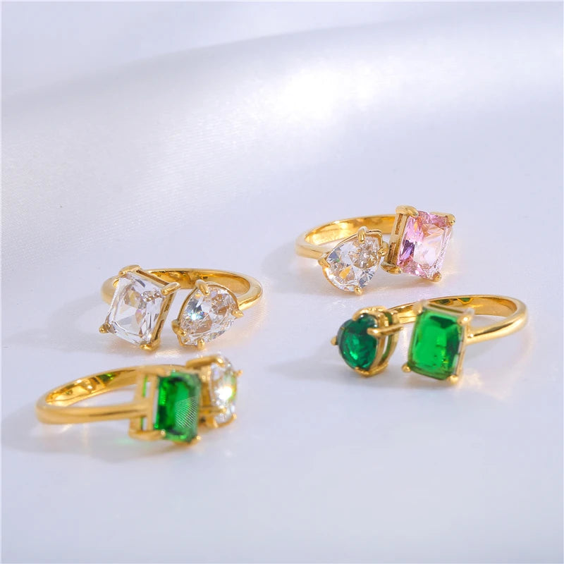 Stone Not Fall  Custom Logo 18K PVD  Gold Clear Big Cubic CZ Adjustable  Stainless Steel  Ring Fashion Jewelry