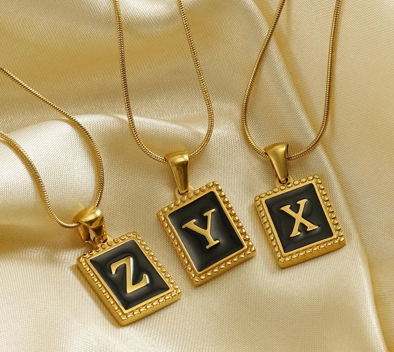 Square Rectangle 18k Real Gold Steel Necklace A~Z 26 Letter Pendant Alphabet Necklace