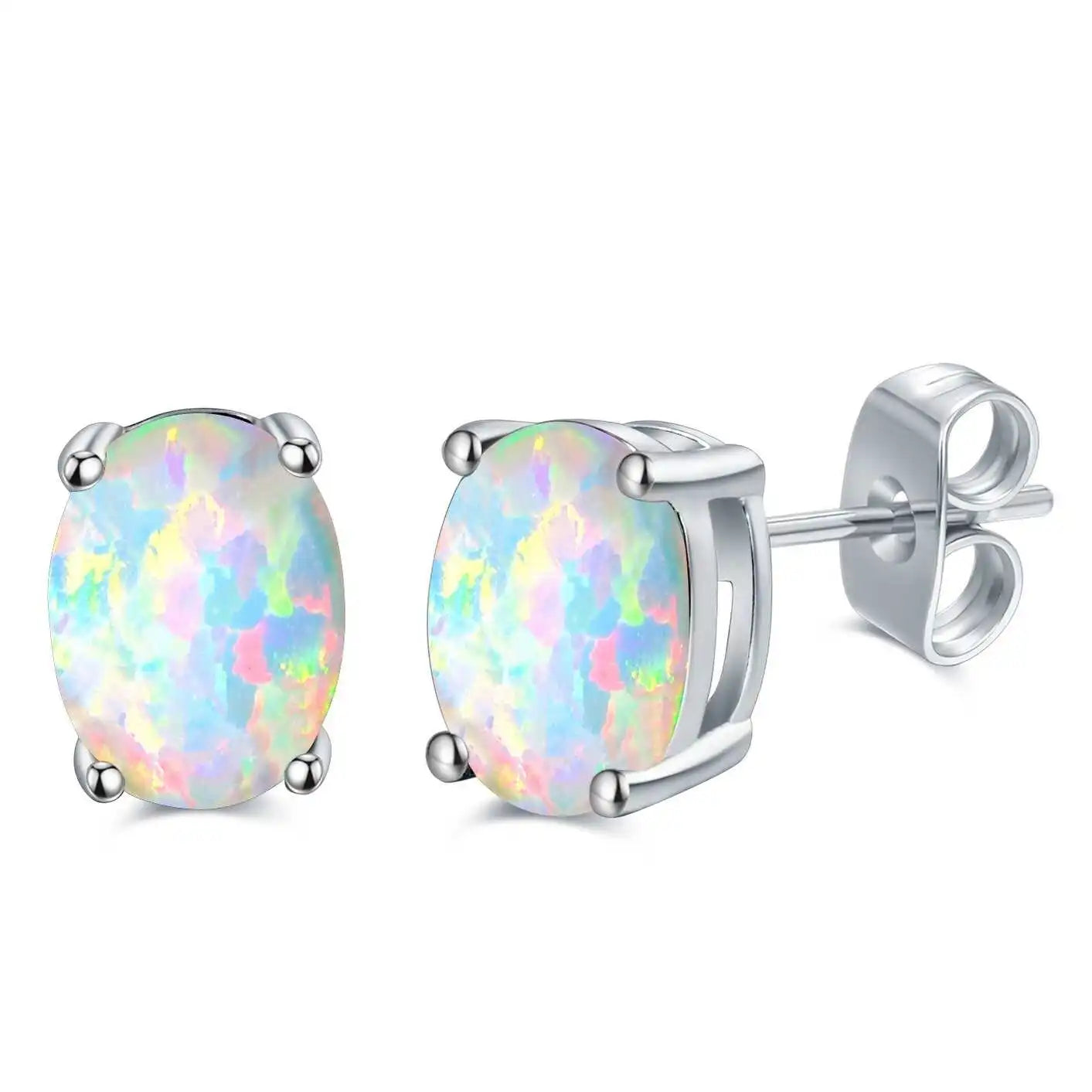 925 Sterling Silver White Fire Opal Earrings Synthetic Opal Solitaire Oval Stud Earrings