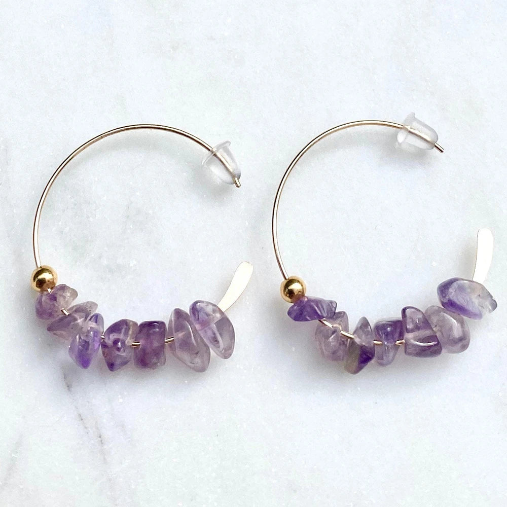 Boho Minimalist Natural Crystal Gravel Birthstone EarringsRaw Amethyst 14K Gold Filled Hoop Earrings for Women