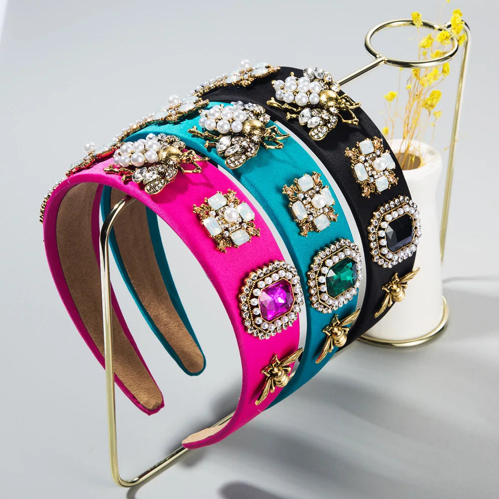 2023 Popular European American Creative Baroque Hair Band Inlaid With Rhinester Pearl Hoop Bee Colorful Cloth Garland Headband