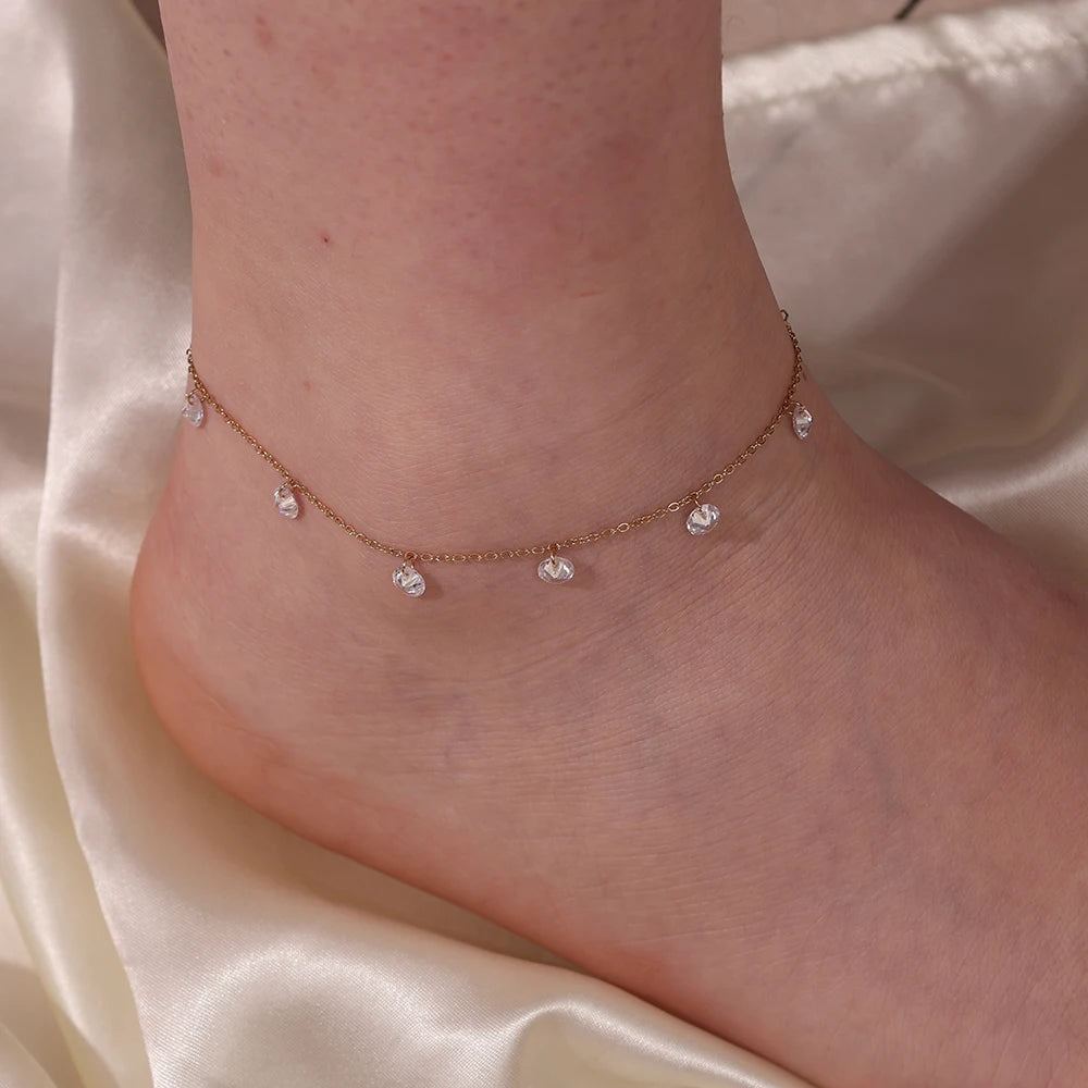 Dainty Jewelry Stainless Steel 18K Real Gold Cubic Zircon Anklets for Women Non Tarnish Hypoallergenic