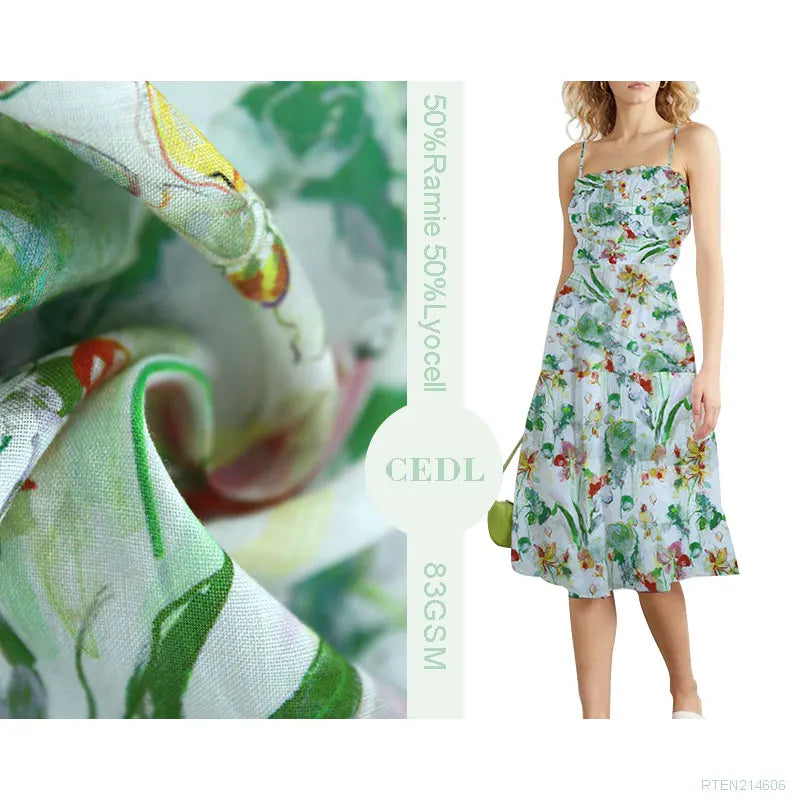 Pattern Digital Print Fabric for Dress Hot-selling Lyocell Ramie Blended Small Fresh Green Curtain Fabric Woven Plain 100% Ramie