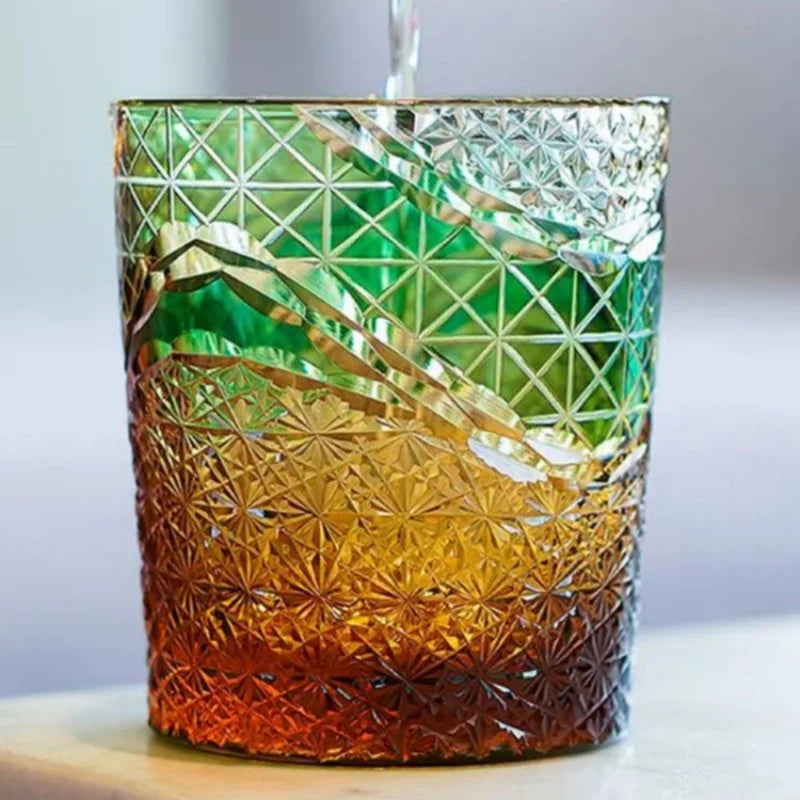 8.5 oz Japanese Whiskey Glass Engraved Fuji Mount Carved Cased Glass Old Fashioned Shot Rock Tumbler Stock Cut Amber Glass Stock