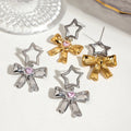 New Bowknot Design 18K Gold Plated Stainless Steel Earrings Trendy Two Tone Star Bow with Zircon Jewelry