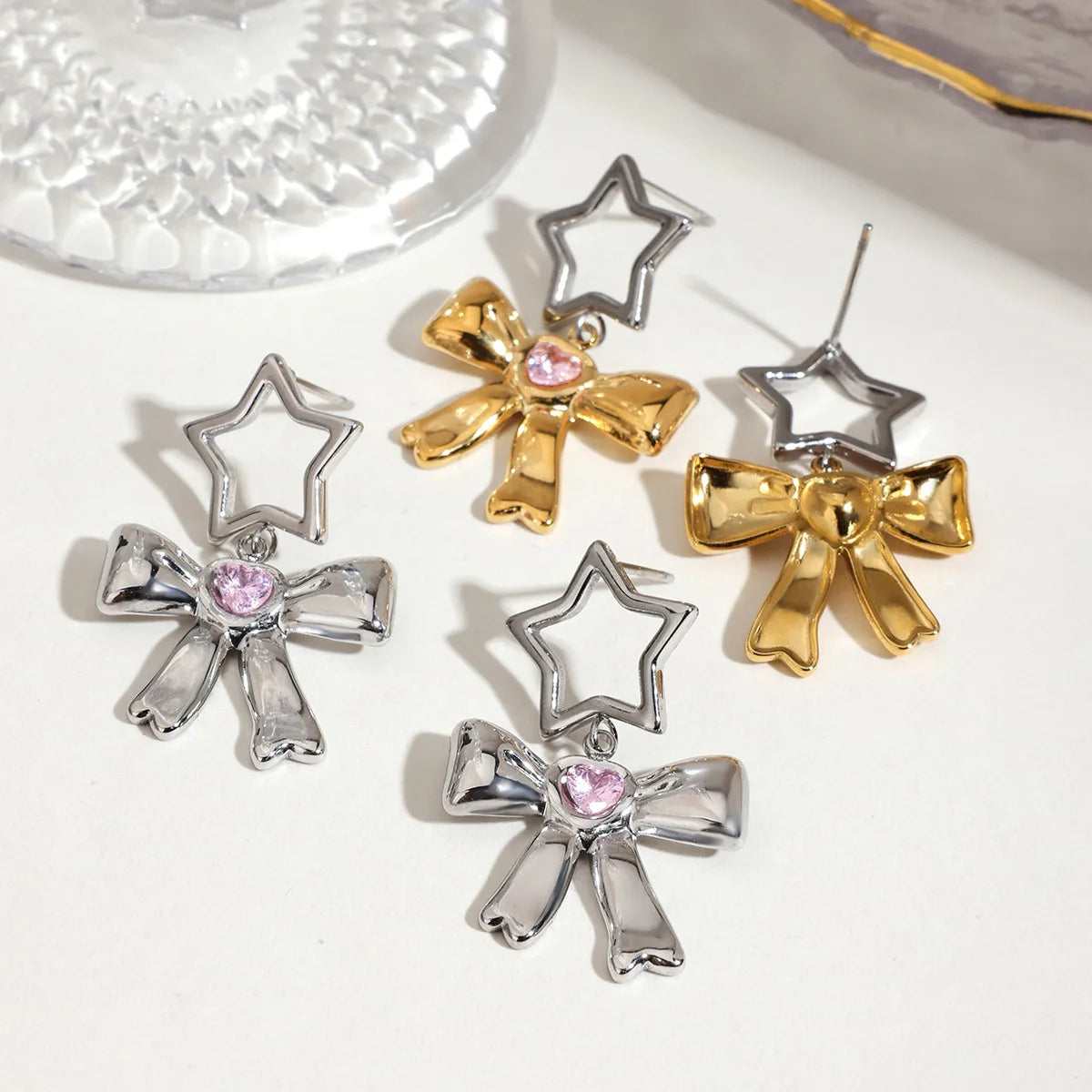 New Bowknot Design 18K Gold Plated Stainless Steel Earrings Trendy Two Tone Star Bow with Zircon Jewelry