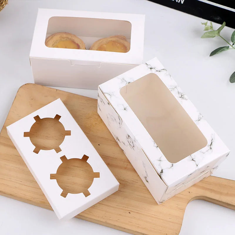 Hot Sell Marble Cake Packaging Box With Kraft Paper Food Boxes 2 Holes Muffin CupCake Boxes Wholesale