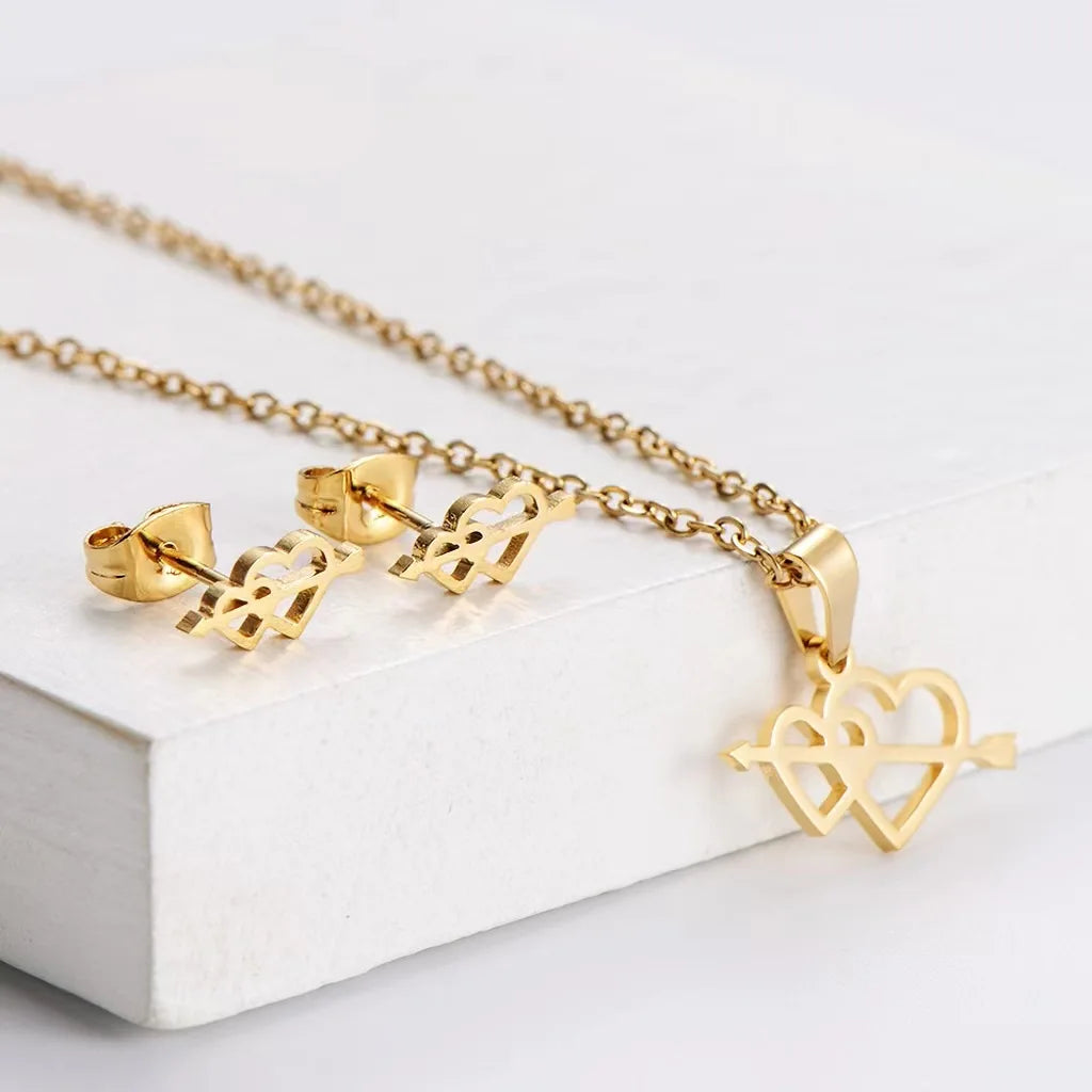 316L Stainless Steel Jewelry Set an Arrow Through a Heart Gold Plated Earrings and Necklace for Women for Parties